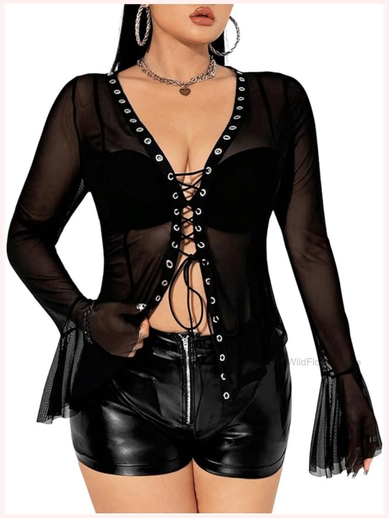 Plus Size Y2k Grunge Punk Mesh Top Sheer Lace Up Long Sleeve Party Blouse